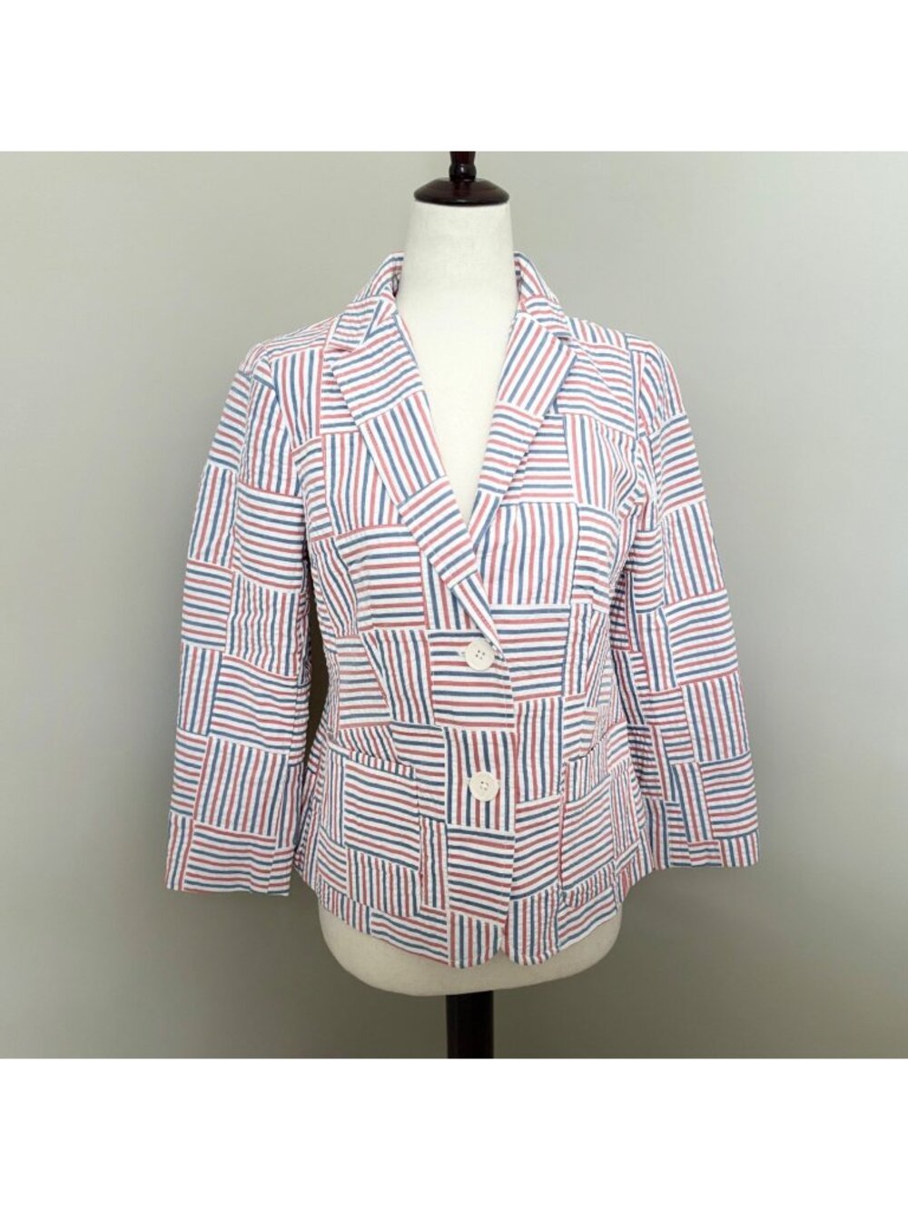 Talbots Patchwork Stripe Blazer Red Blue White Patriotic Nautical Preppy 2P